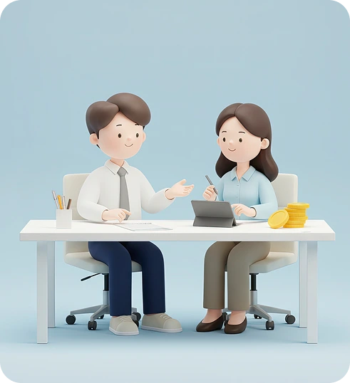 고객과의 대화를 통해 요구사항을 정리하는 웹프림의 맞춤형 기획 상담 장면을 표현한 일러스트