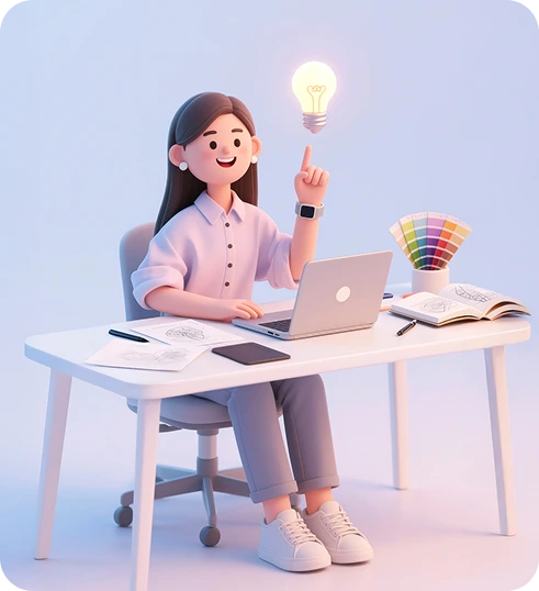 아이디어와 컬러 설계를 통해 직관적인 웹 디자인을 완성하는 과정을 표현한 일러스트